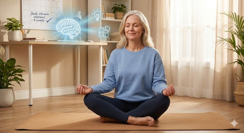 Mature woman in her 50s practicing daily HRV breathing for better focus and cognition, calendar showing consistent sessions
