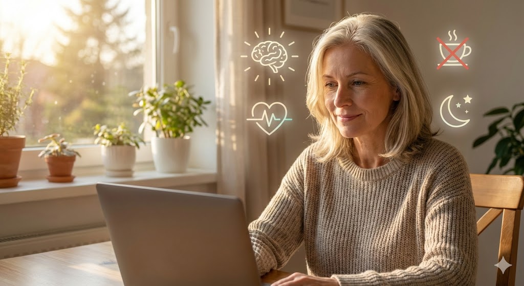 Mature woman in her 50s showing signs of successful HRV training with improved focus, emotional steadiness, and better sleep.