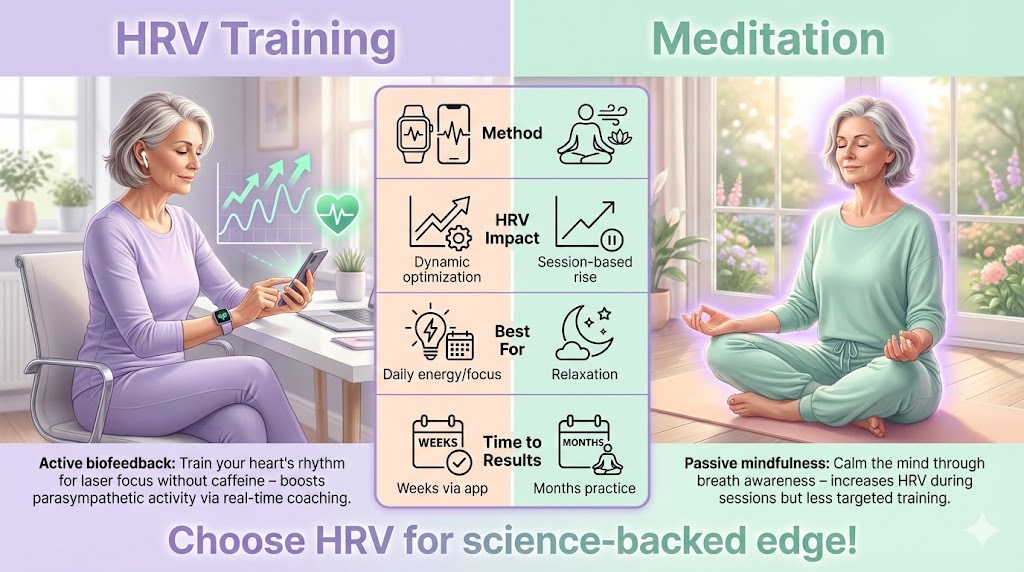Visual infographic comparing HRV Training and meditation for women over 50, showing key differences in methods, benefits, and HRV impact.