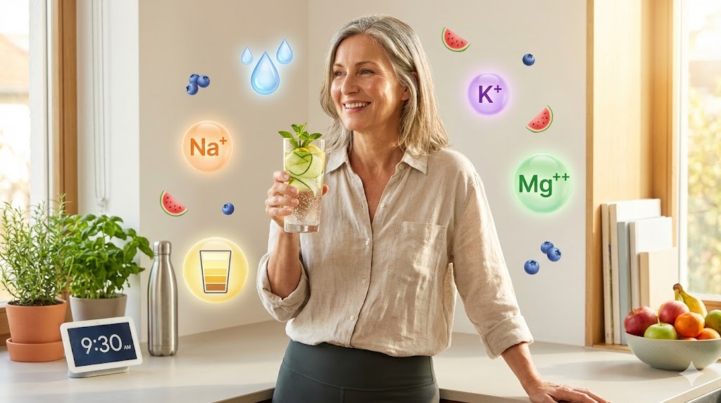 Empowered mature woman in 50s holding glass of infused water, surrounded by hydration symbols like fruits and electrolytes, symbolizing energy revitalization