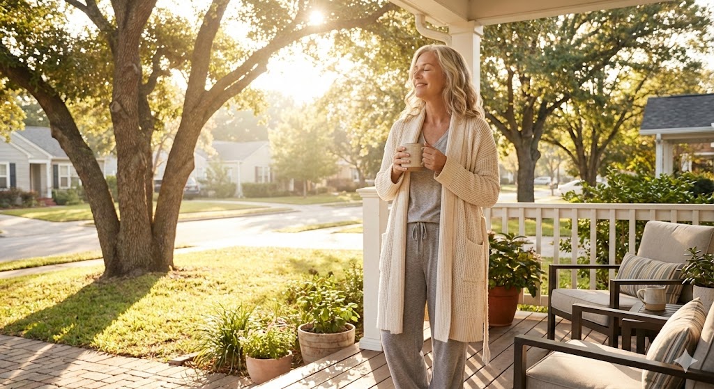 Serene 50s American woman in gentle morning sunlight on porch, resetting circadian rhythm for deep sleep