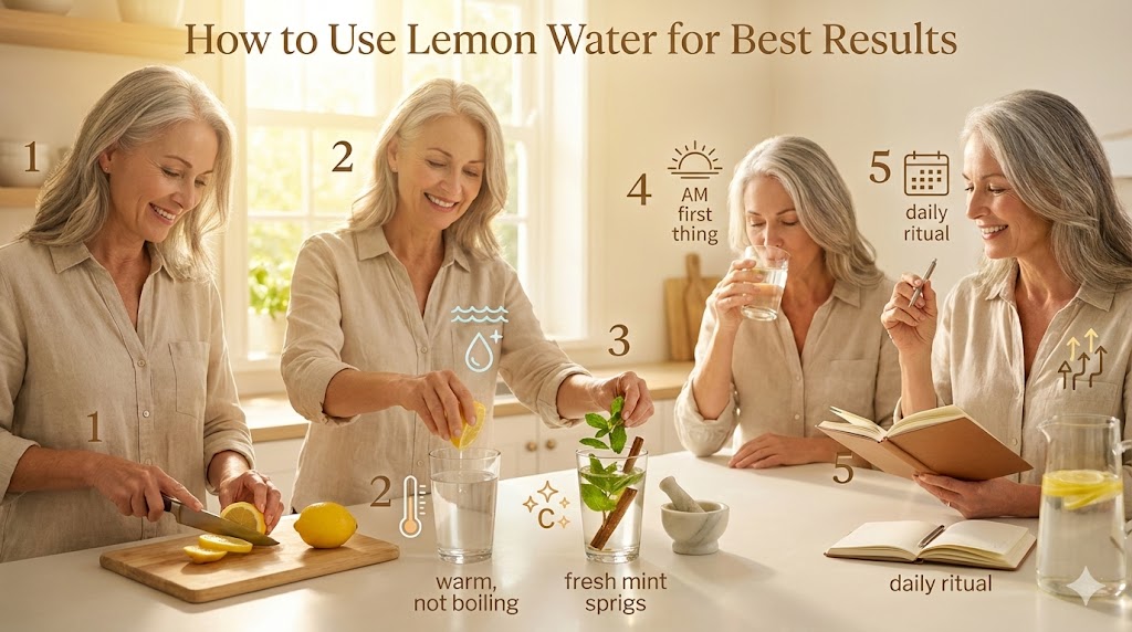 Step-by-step visual guide for preparing and using lemon water effectively during menopause, showing a mature woman in her 50s with fresh ingredients