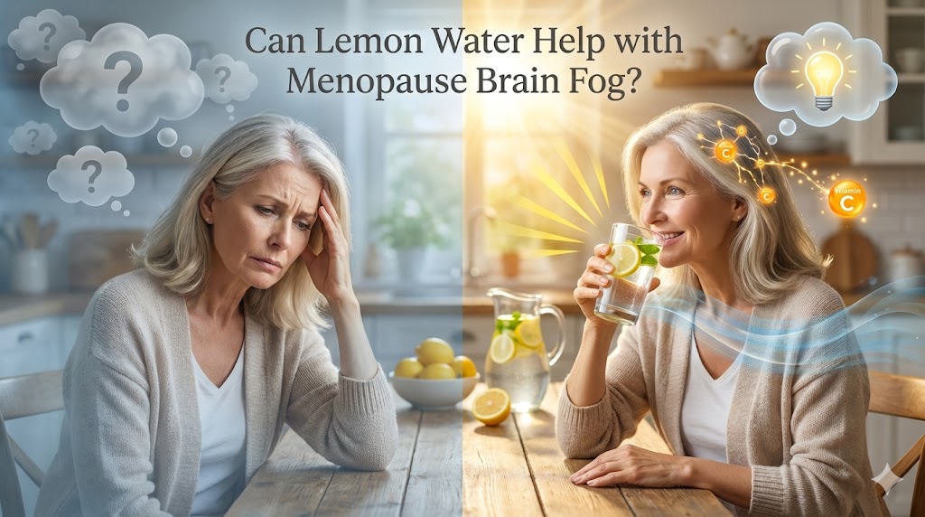 Mature white American woman in her 50s clearing brain fog with lemon water, showing mental clarity transition from cloudy to sharp focus