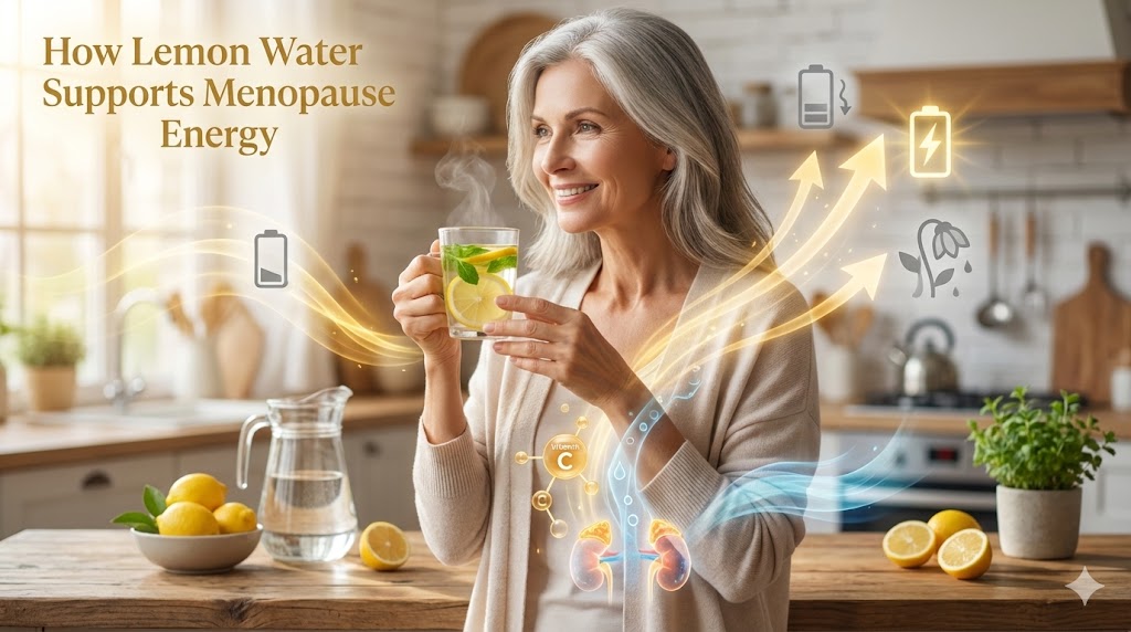 Empowered mature white American woman in 50s drinking lemon water, with energy boost visuals overcoming menopause fatigue