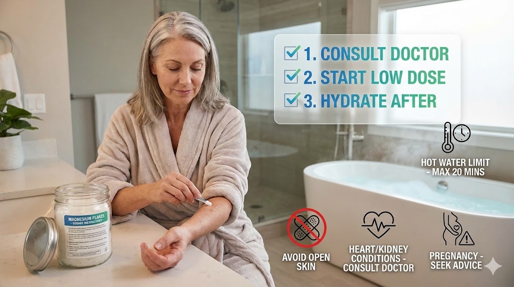 Informative guide showing safety precautions and contraindications for magnesium bathing, featuring a mature woman checking labels and patch testing