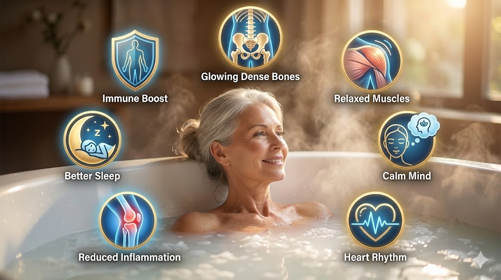 Vibrant collage of 7 key benefits from magnesium baths for osteoporosis prevention, featuring relaxed mature woman and icons for bone strength, muscle relief, and more