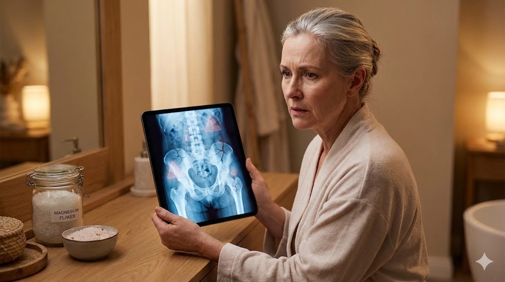 Thoughtful mature white American woman over 50 examining x-ray of fragile bones, contrasted with magnesium deficiency warning icons, highlighting bone health risks in a clinical yet empathetic style
