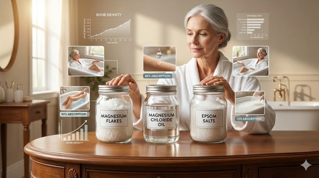 Comparative chart of magnesium flakes, chloride oil, and Epsom salts in bath settings, showing absorption rates for bone density in mature women