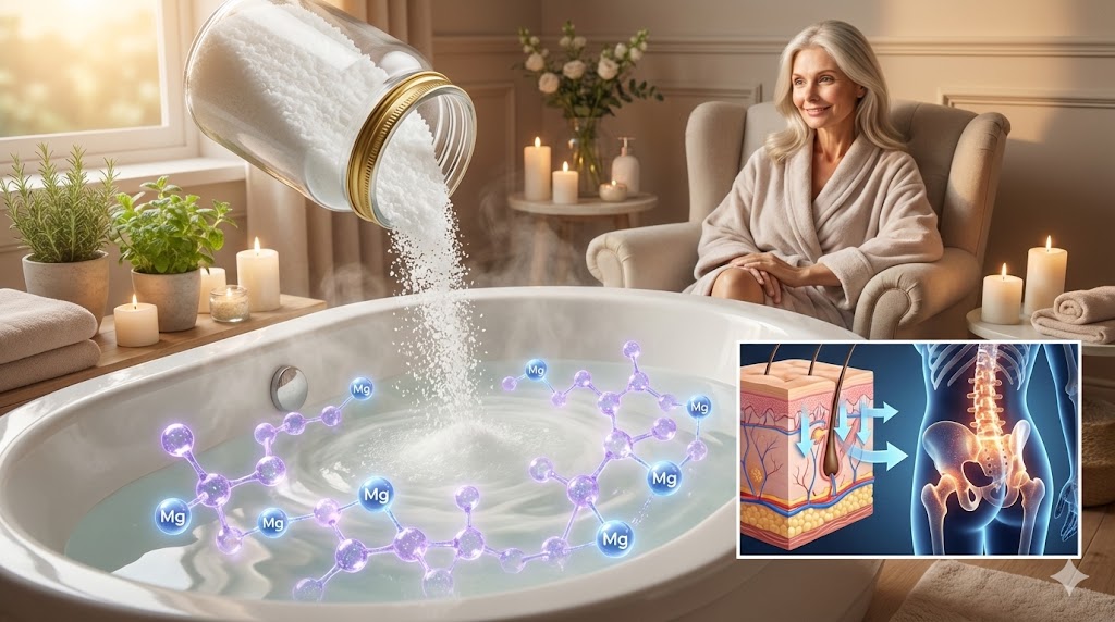 Innovative magnesium glycinate flakes dissolving in bath water with amino acid molecular synergies boosting bone health, featured for mature women