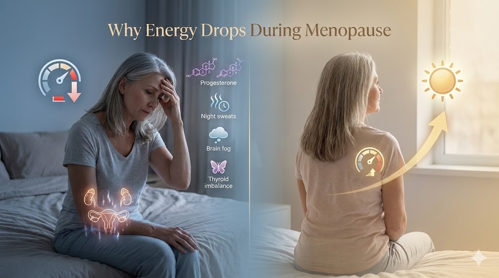 Illustrative diagram of menopause energy loss causes affecting a mature white American woman, highlighting hormones, sleep disruption, and vitality drain