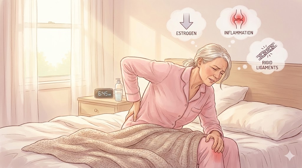 Illustration of a mature white American woman in her 50s experiencing menopause morning stiffness, showing stiff joints and body upon waking.