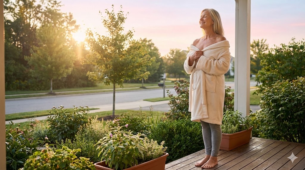 Mature American woman over 50 enjoying morning sunlight on her porch for hormone balance, post-50 friendly routine.