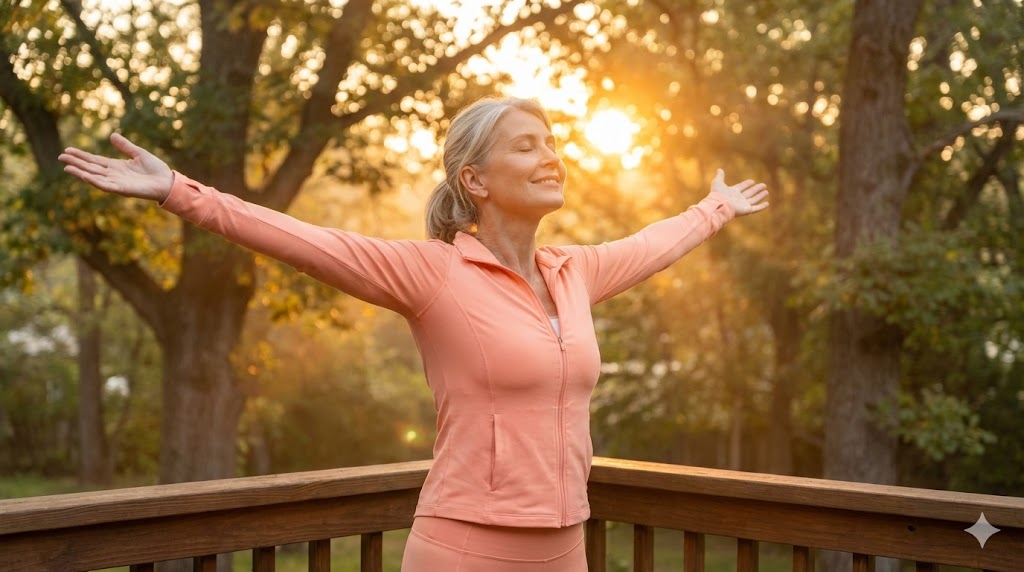 Empowered American woman over 50 basking in gentle morning sunlight outdoors, symbolizing hormone balance and vitality for menopause.