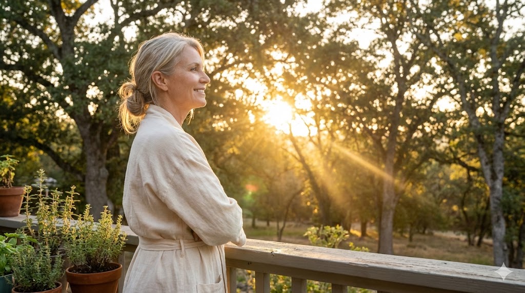 Serene mature white American woman over 50 basking in golden morning sunlight, symbolizing light as hormonal information for balance