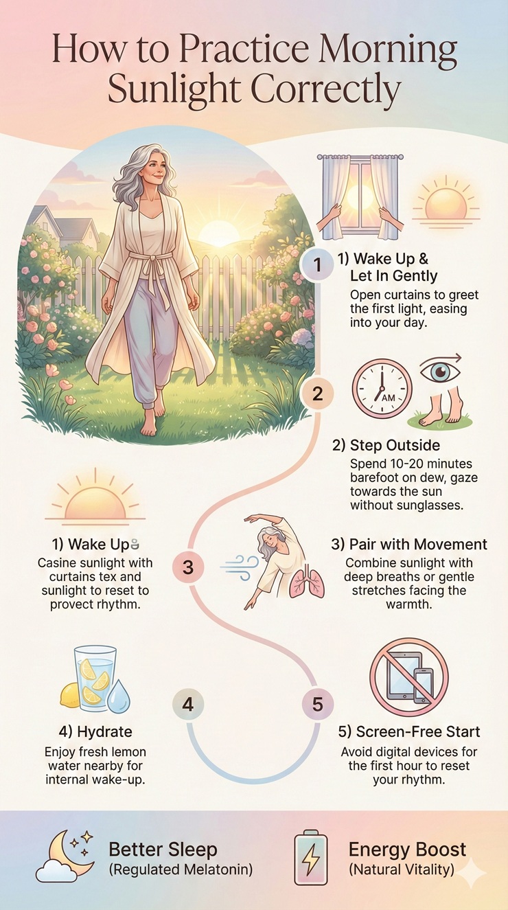 Infographic illustrating correct morning sunlight practices for circadian rhythm reset, featuring a mature woman in her 50s stepping outside, walking barefoot on grass, and relaxing in sunlight