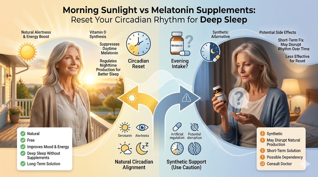 Infographic comparing morning sunlight benefits to melatonin supplements for resetting circadian rhythm and improving deep sleep in women over 50.