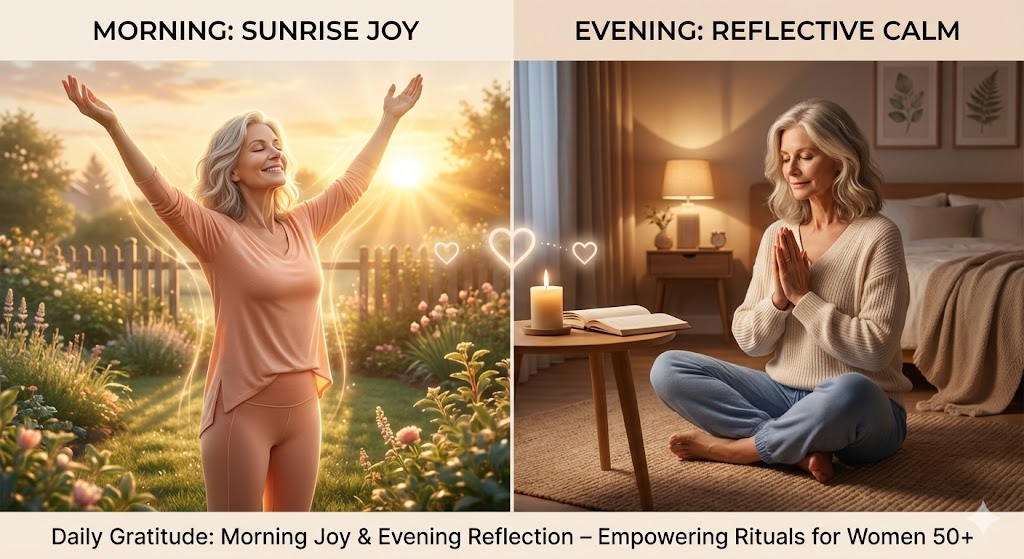 Side-by-side illustration of a mature white woman practicing morning sunlight gratitude versus evening candlelit reflection to combat midlife fatigue.