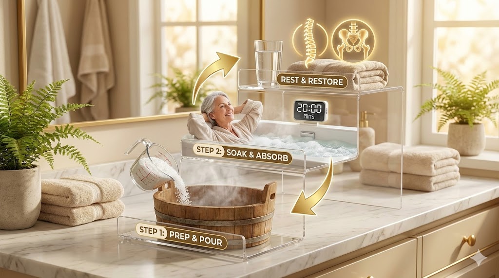 Step-by-step infographic of magnesium bathing tiers for bone strength, showing preparation, soak duration, and post-bath care for mature women