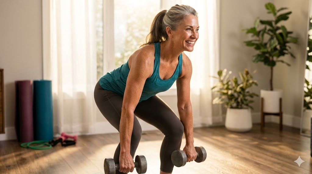 Confident 50s American woman performing bone load regimen exercises from MyVitalityProtocol for stronger bones
