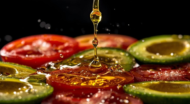 Extra virgin olive oil pouring over fresh ingredients.