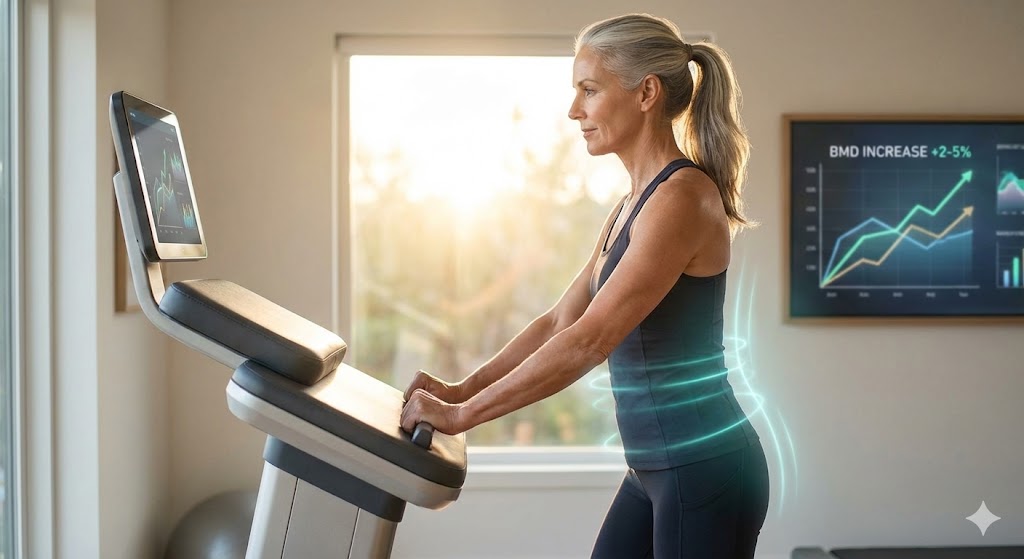 Confident 50s American woman performing osteogenic bone loading exercise, symbolizing 2-5% bone mineral density gains for postmenopausal bone health.