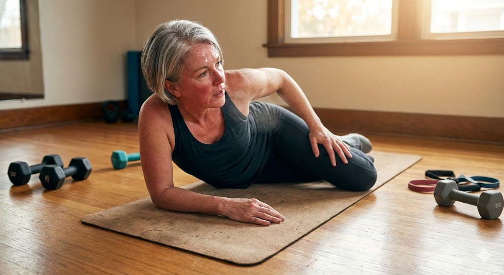 Exhausted mature American woman in her 50s collapsed on gym floor after over-exercising, emphasizing need for recovery.