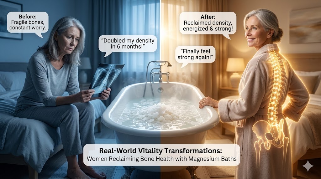 Before-and-after transformation of a mature white American woman over 50, showing bone health vitality gained from magnesium baths