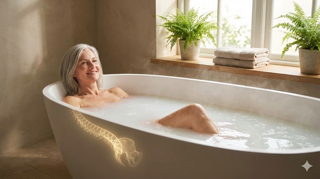 Confident mature Caucasian American woman over 50 in a relaxing magnesium bath, with visualized bone density improvement shown as strengthening skeletal glow, optimized for bone health.