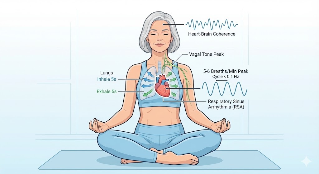 Diagram of resonant breathing synchronizing heart rate, lungs, and brain waves at 5-6 breaths per minute for HRV coherence in women over 50.