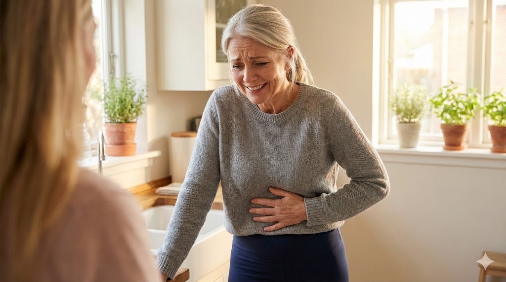 Mature American woman in her 50s looking conflicted, smiling outwardly while clutching her stomach in discomfort, symbolizing ignoring body signals