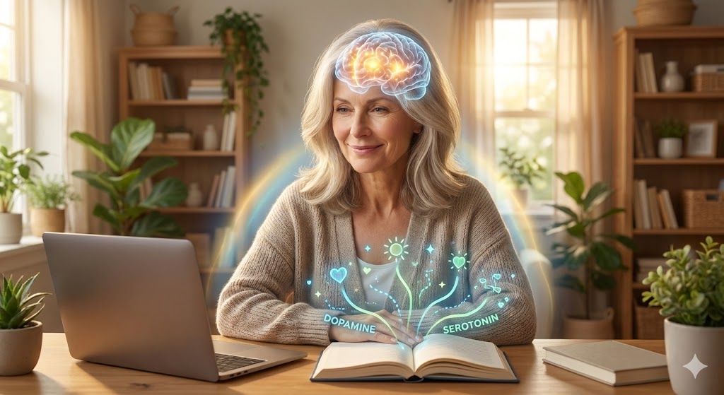 Illustration of a mature woman's brain lighting up with gratitude symbols boosting energy levels, representing the science of combating midlife fatigue.