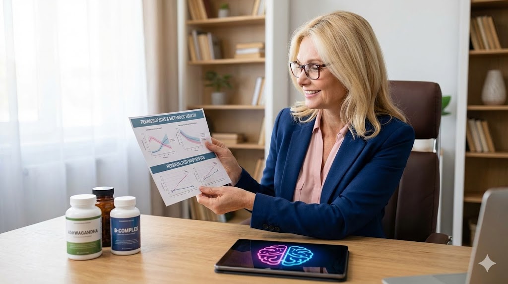 White American woman in 50s with specialized nootropic considerations for demographics
