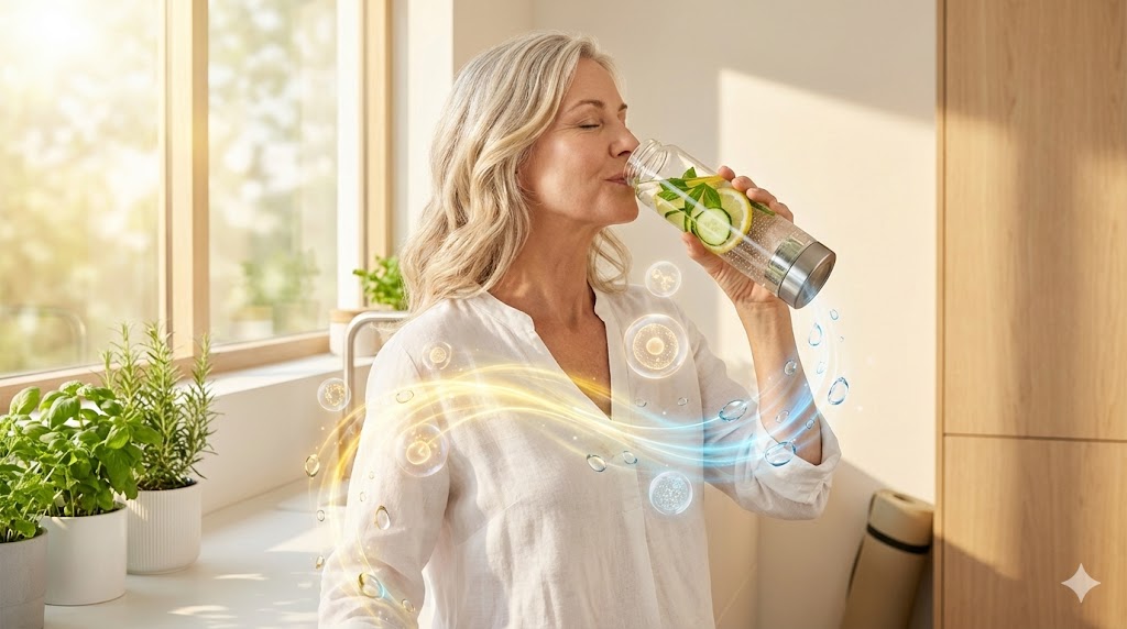Elegant mature American woman in her 50s revitalizing energy with strategic hydration for stamina and cellular vitality