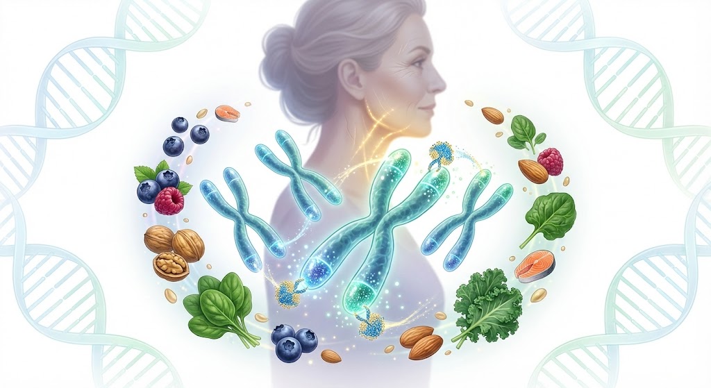 Scientific illustration of healthy telomeres on chromosomes protected by nutrient-rich foods, promoting cellular longevity for women over 50.