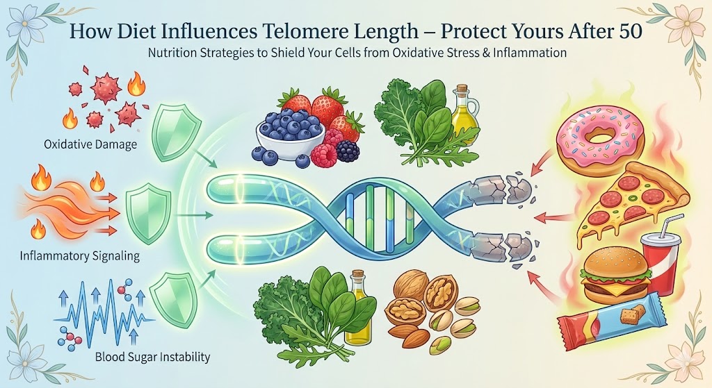 Scientific illustration showing how diet and nutrition influence telomere length and cellular aging