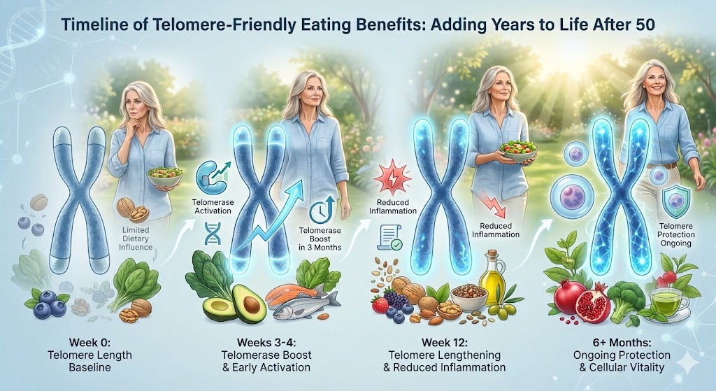 Scientific timeline illustrating how long-term dietary habits influence telomere length and cellular aging over time