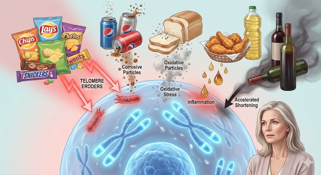 Diagram showing foods that accelerate telomere shortening and contribute to cellular aging after age 50