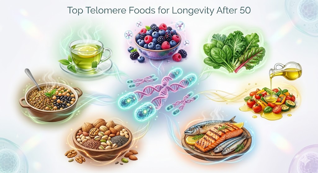 Infographic highlighting telomere-protective foods that support longevity and cellular health after age 50