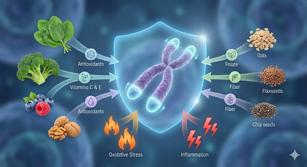 Scientific illustration of telomere nutrition as a balanced dietary pattern with diverse nutrient-rich foods protecting chromosome ends, targeted for women over 50.