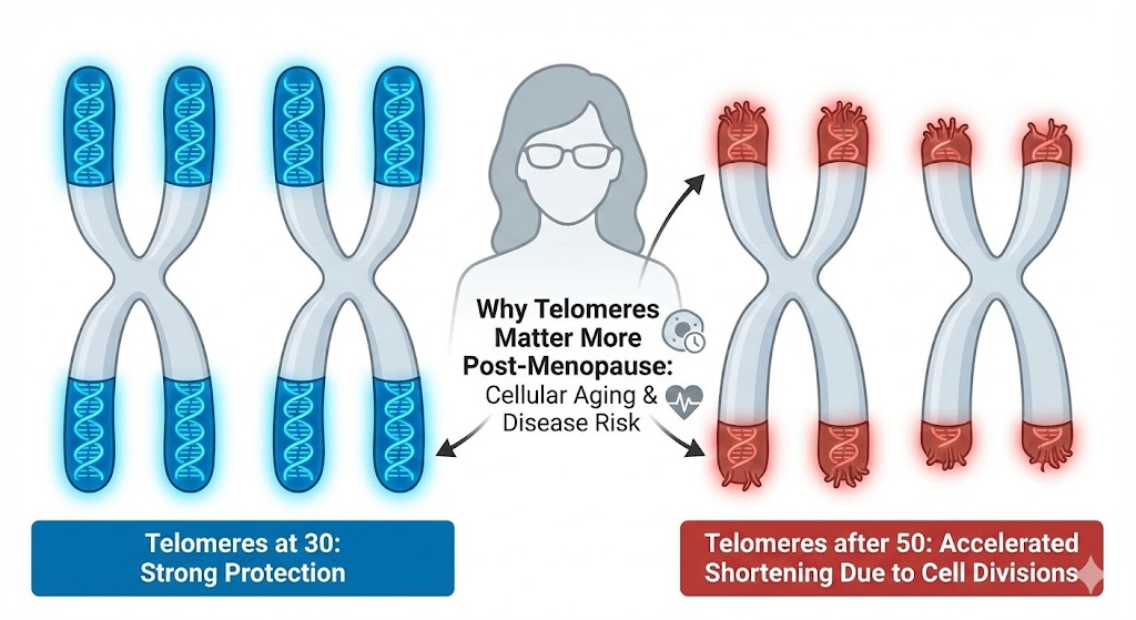 Illustration showing telomere structure on chromosomes and how telomeres shorten with aging in adults over 50
