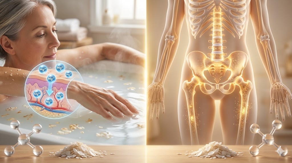 Scientific visualization of magnesium molecules absorbed through skin during a bath, enhancing bone density in a mature woman's skeleton