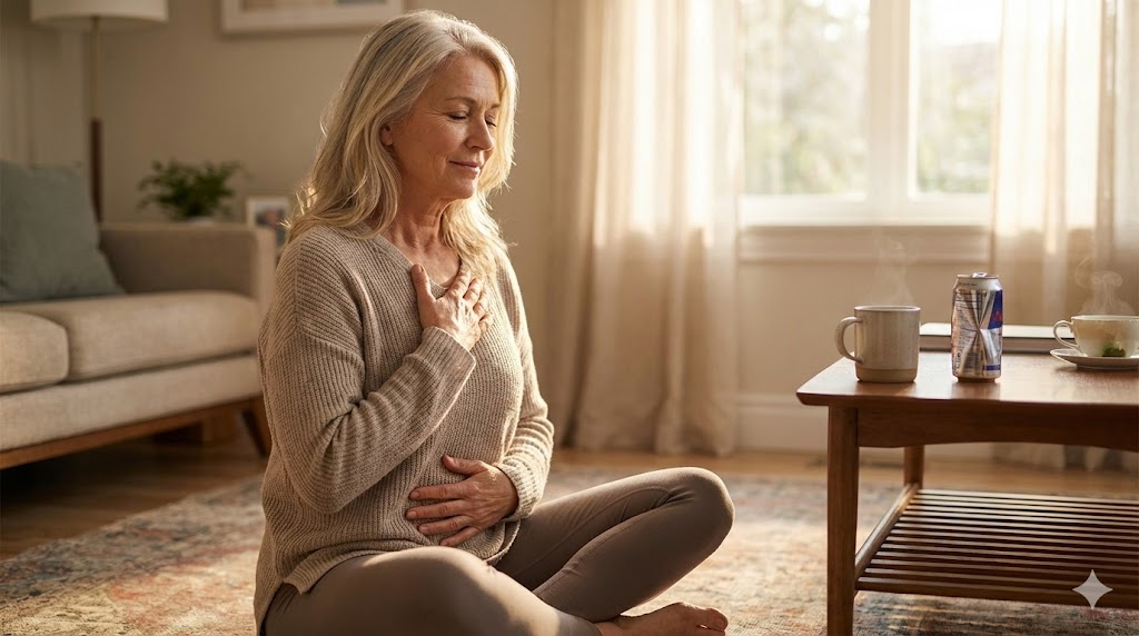 Mature American woman in her 50s pausing to listen to her body instead of pushing through fatigue, soft natural light, wellness theme.