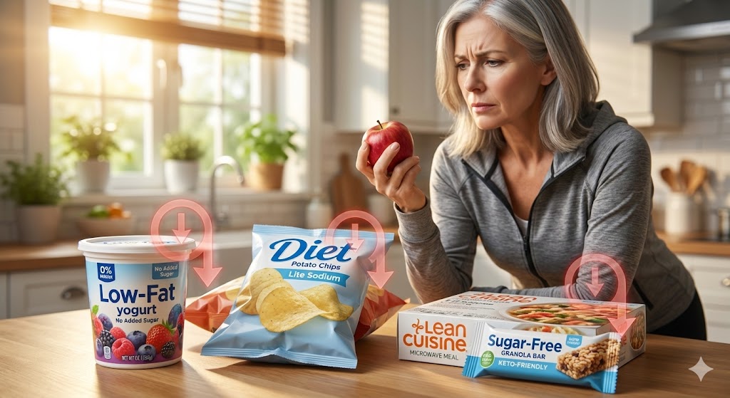 Close-up of ultra-processed low-fat diet foods like yogurt and snacks on a kitchen counter, highlighting deceptive labels for women over 50.