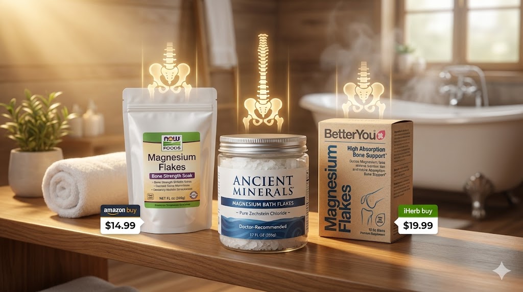 Assortment of top US magnesium bath flakes packaging (Ancient Minerals, NOW Foods, BetterYou) with bone health icons, arranged for mature women