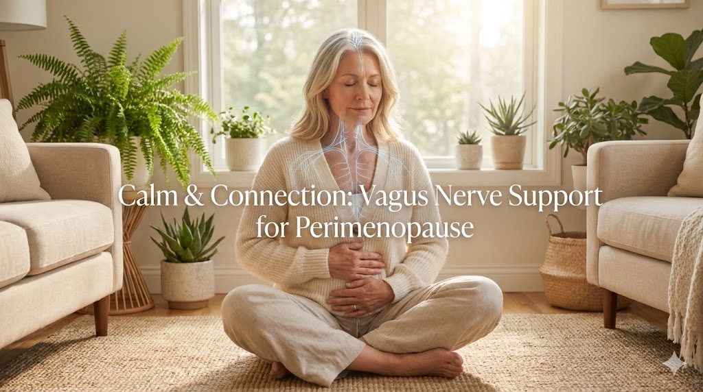 Serene mature American woman in her 50s practicing breathwork to calm her vagus nerve during perimenopause, with subtle anatomical overlay.