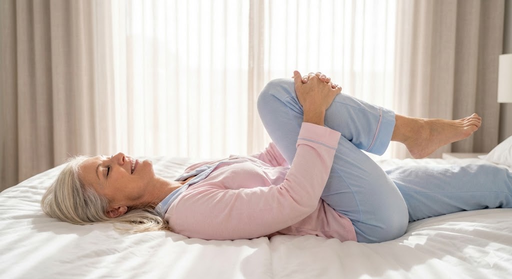Mature Caucasian woman in her 50s practicing gentle bed yoga, smiling relaxed on a cozy bed, easing menopause stiffness