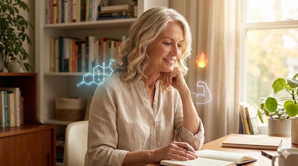 Elegant American woman in her 50s thoughtfully reflecting on hormonal and age-related energy shifts, with subtle icons of menopause, metabolism, and vitality.