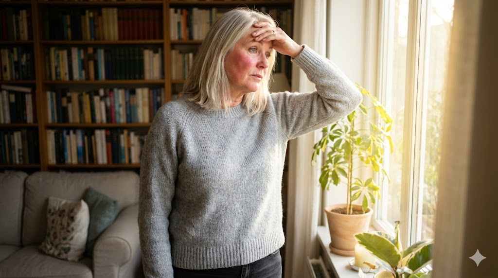 Mature white woman over 50 looking thoughtful in soft morning sunlight, symbolizing hormone imbalance challenges post-menopause
