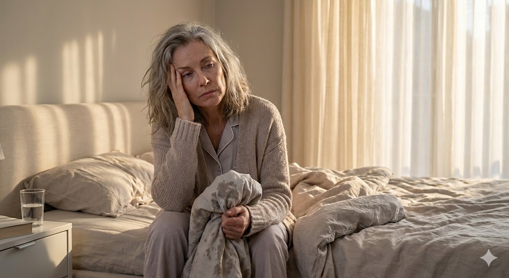 A weary Caucasian woman in her 50s sits on a bed at dawn, eyes heavy with exhaustion from night sweats and hormonal changes, contrasting midlife fatigue uniquely after 50.