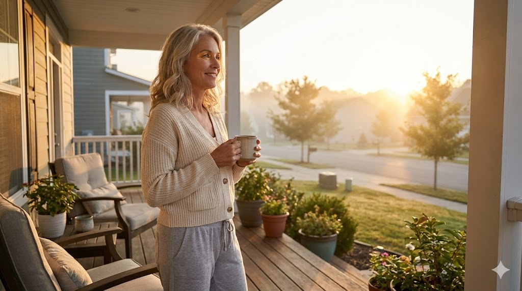 Empowered 50s American woman basking in golden morning sunlight on her porch, symbolizing circadian rhythm reset for deep sleep.